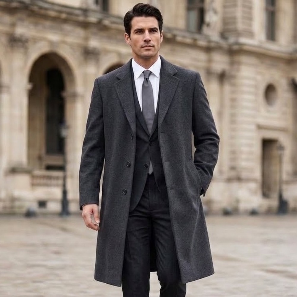 BARONI Couture Pure Cashmere Charcoal Full Length Overcoat Mens 46R NEW